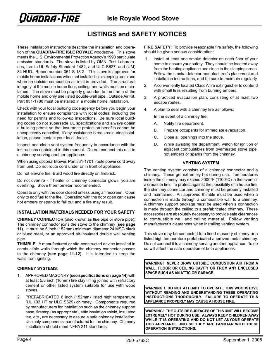 Isle royale wood stove, Listings and safety notices | Hearth and Home Technologies 823-0170 User Manual | Page 4 / 32