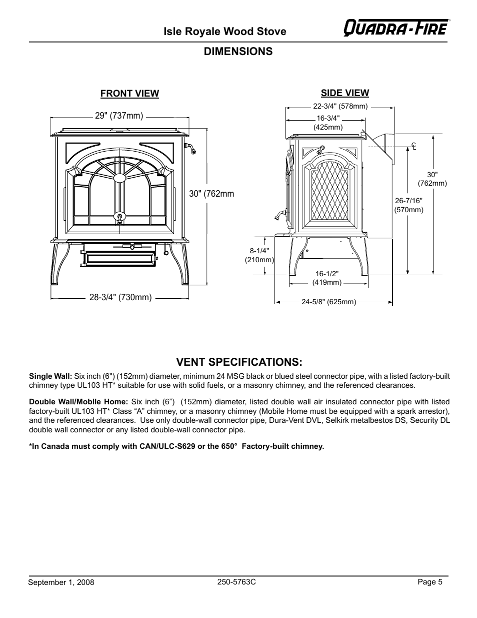 Isle royale wood stove, Dimensions, Vent specifications | Hearth and Home Technologies 823-0170 User Manual | Page 5 / 32