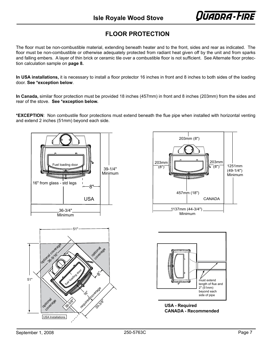 Isle royale wood stove, Floor protection, 8" usa | Hearth and Home Technologies 823-0170 User Manual | Page 7 / 32