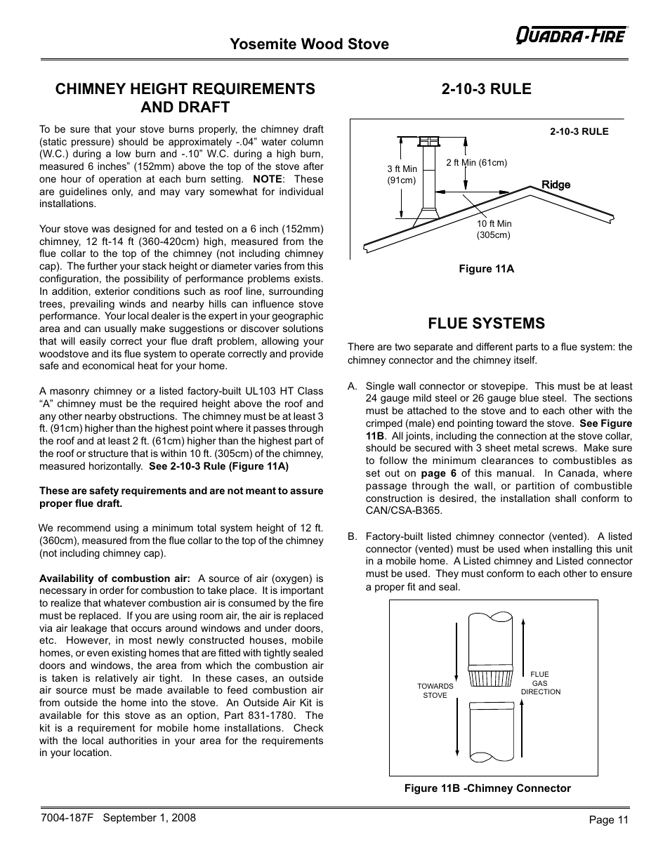 Yosemite wood stove, Chimney height requirements and draft, Flue systems | 10-3 rule | Hearth and Home Technologies Yosemite PMH User Manual | Page 11 / 32