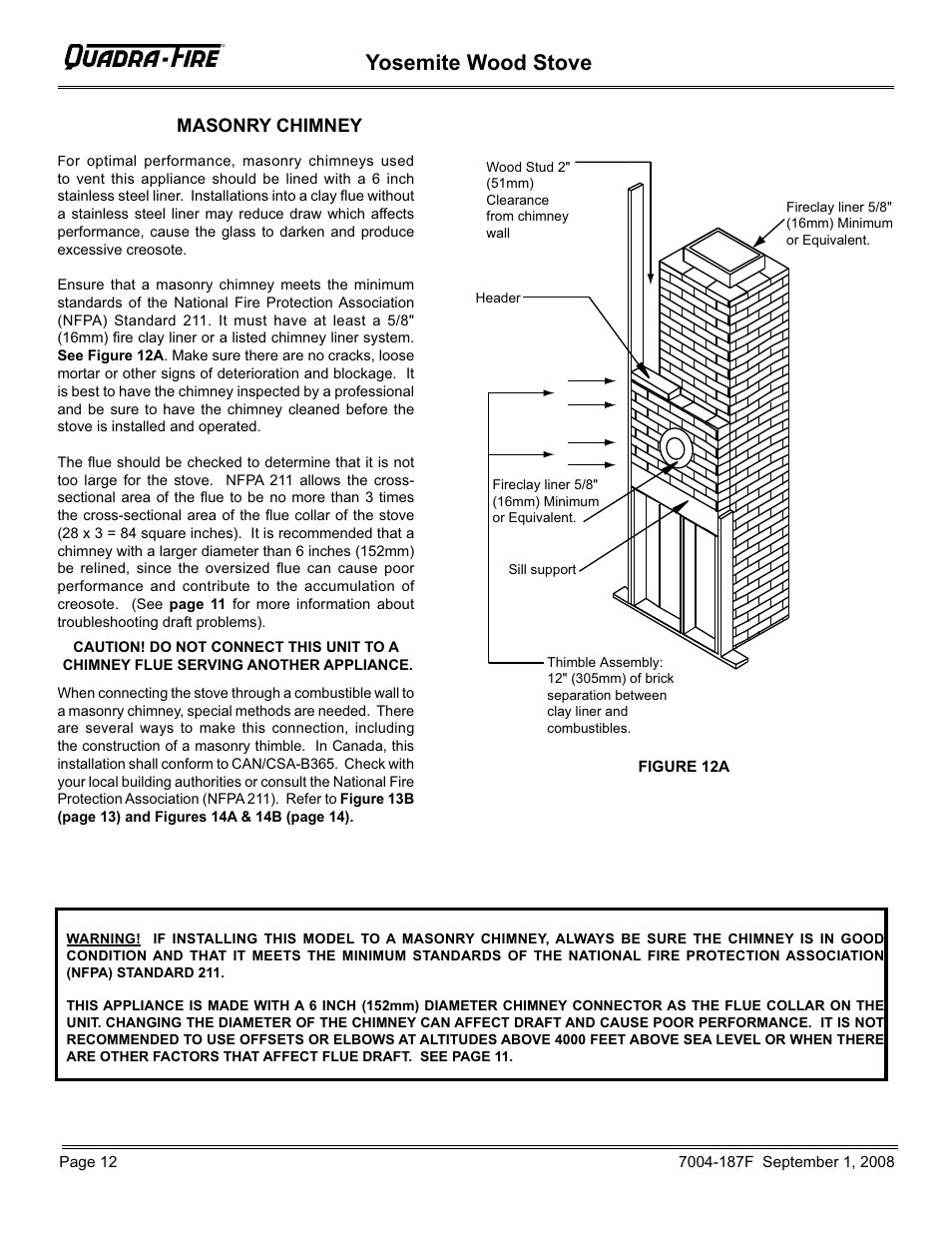 Yosemite wood stove, Masonry chimney | Hearth and Home Technologies Yosemite PMH User Manual | Page 12 / 32