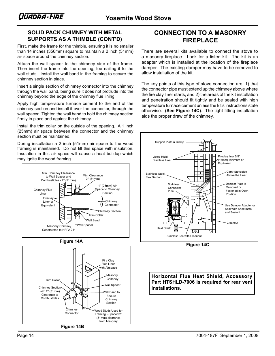 Yosemite wood stove, Connection to a masonry fireplace, Figure 14a | Figure 14b figure 14c | Hearth and Home Technologies Yosemite PMH User Manual | Page 14 / 32