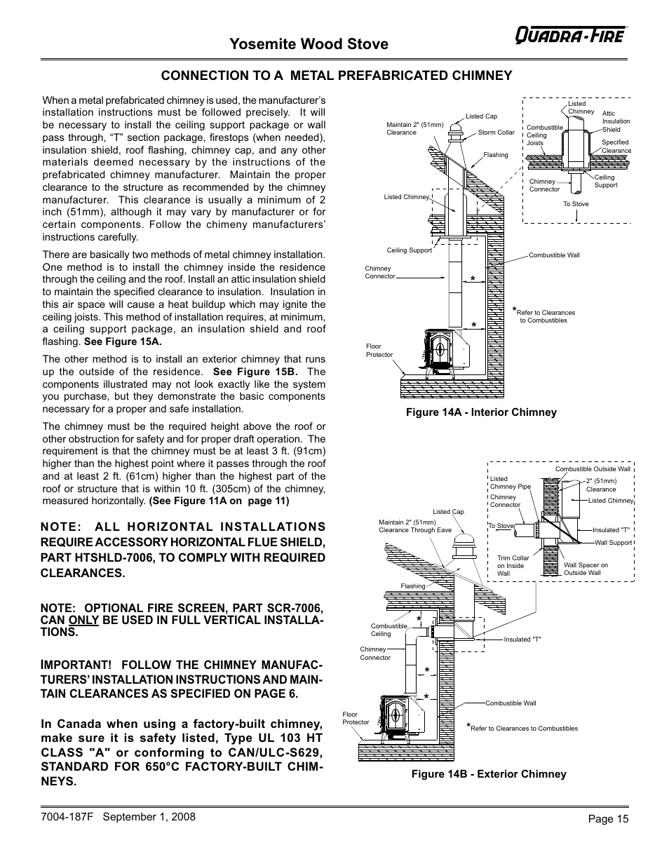 Yosemite wood stove, Connection to a metal prefabricated chimney i | Hearth and Home Technologies Yosemite PMH User Manual | Page 15 / 32