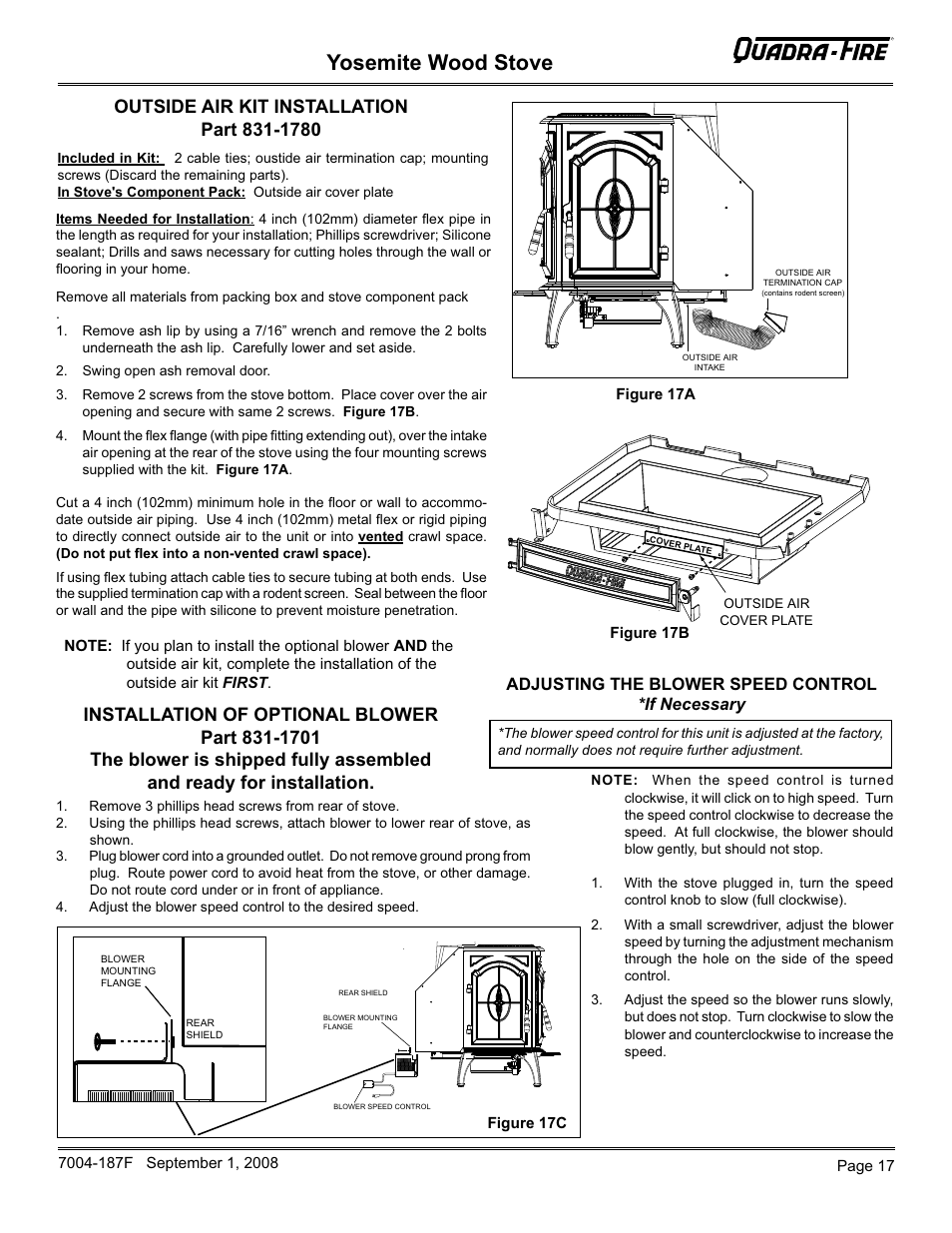 Yosemite wood stove, Adjusting the blower speed control *if necessary | Hearth and Home Technologies Yosemite PMH User Manual | Page 17 / 32