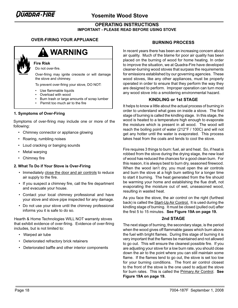 Warning, Yosemite wood stove | Hearth and Home Technologies Yosemite PMH User Manual | Page 18 / 32