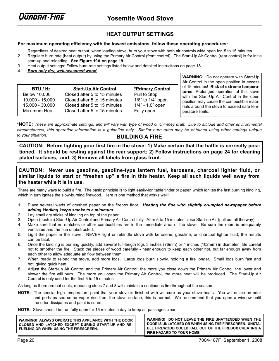 Yosemite wood stove, Heat output settings, Building a fire | Hearth and Home Technologies Yosemite PMH User Manual | Page 20 / 32