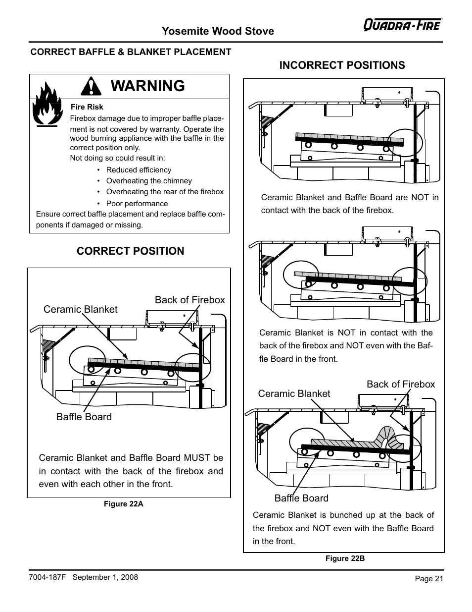 Warning, Yosemite wood stove, Correct position incorrect positions | Hearth and Home Technologies Yosemite PMH User Manual | Page 21 / 32