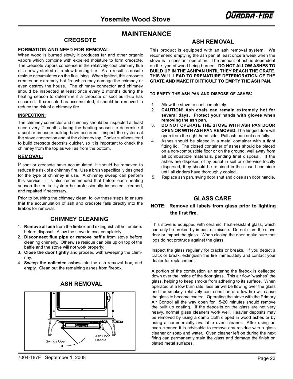 Yosemite wood stove, Maintenance | Hearth and Home Technologies Yosemite PMH User Manual | Page 23 / 32