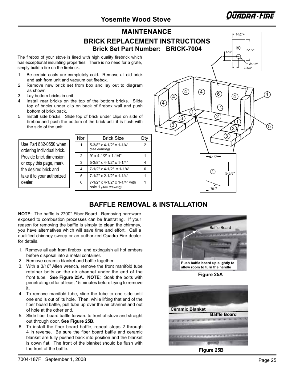 Yosemite wood stove, Maintenance, Brick replacement instructions | Baffle removal & installation, Brick set part number: brick-7004 | Hearth and Home Technologies Yosemite PMH User Manual | Page 25 / 32