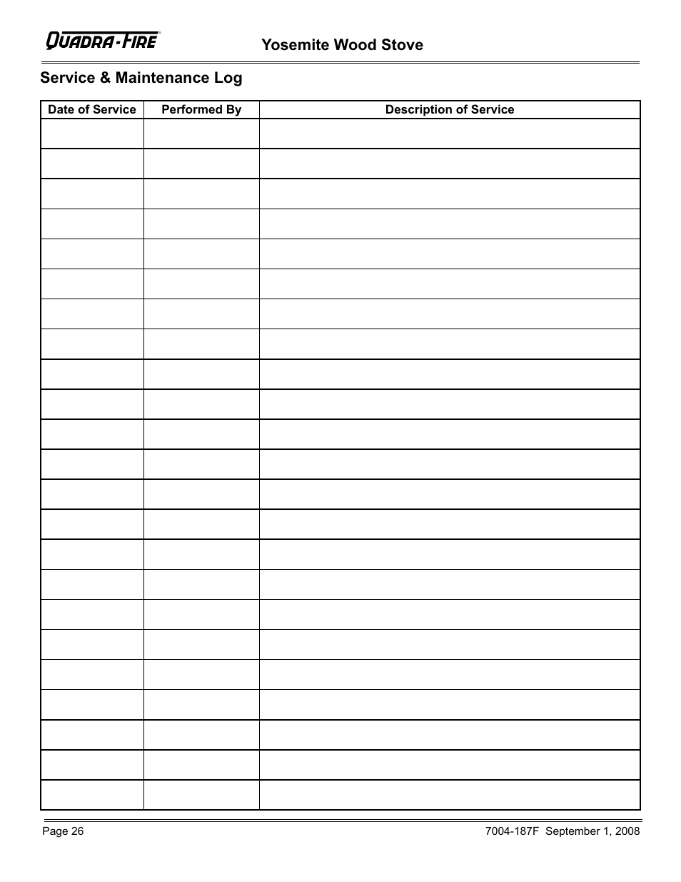 Yosemite wood stove service & maintenance log | Hearth and Home Technologies Yosemite PMH User Manual | Page 26 / 32