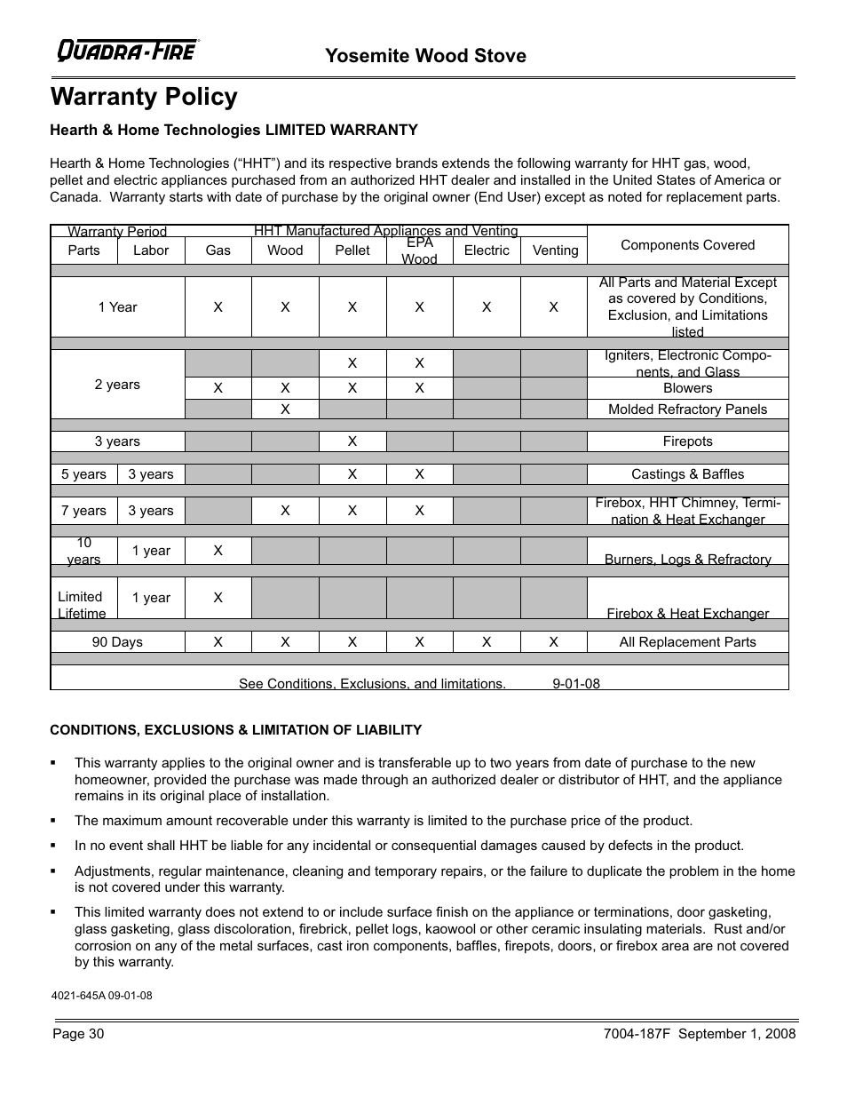 Warranty policy, Yosemite wood stove | Hearth and Home Technologies Yosemite PMH User Manual | Page 30 / 32