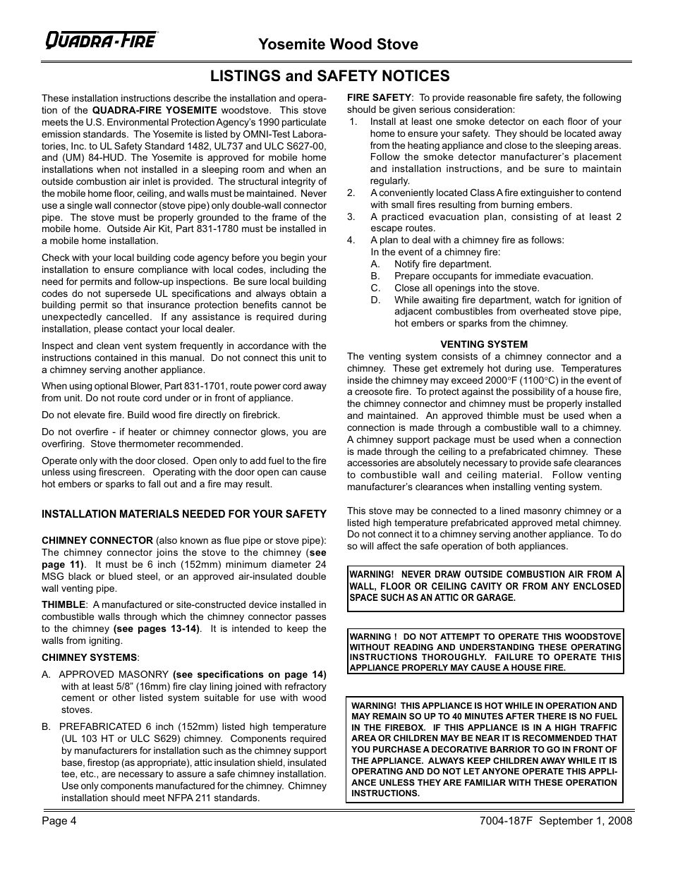 Yosemite wood stove listings and safety notices | Hearth and Home Technologies Yosemite PMH User Manual | Page 4 / 32