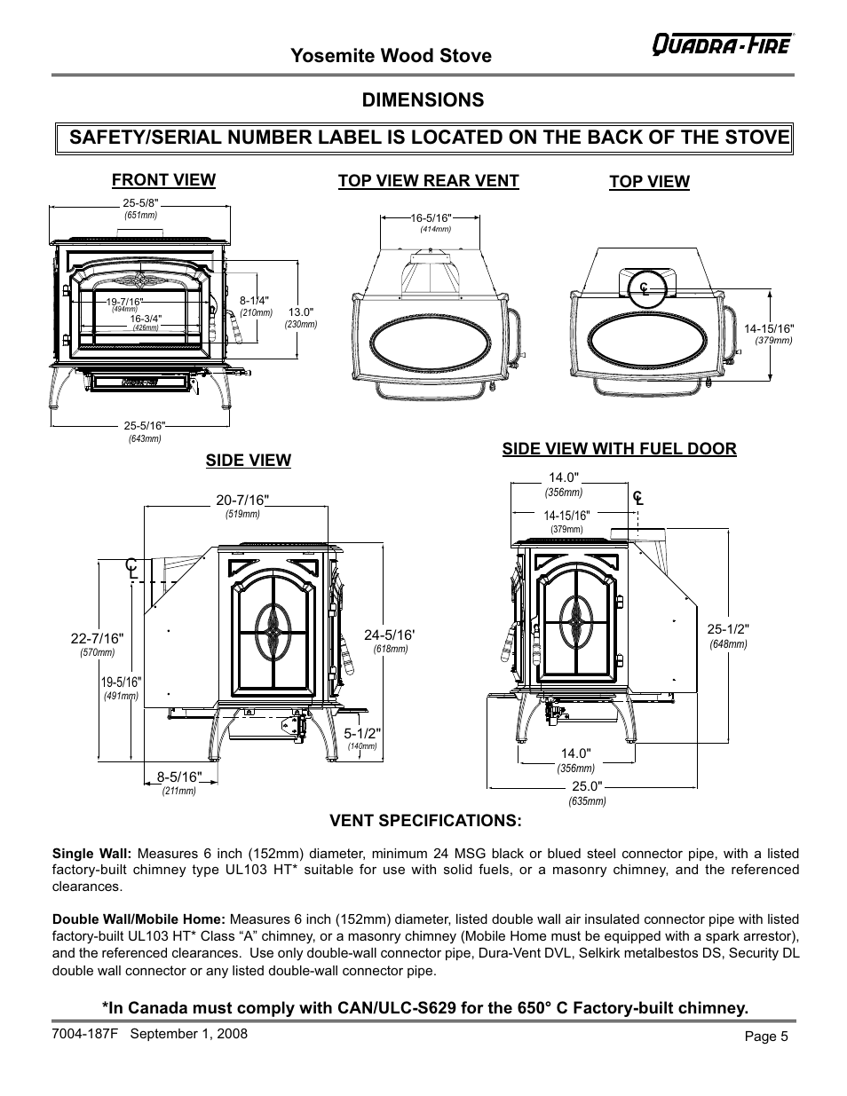 Yosemite wood stove, Dimensions, Front view side view vent specifications | Top view, Side view with fuel door, Top view rear vent | Hearth and Home Technologies Yosemite PMH User Manual | Page 5 / 32