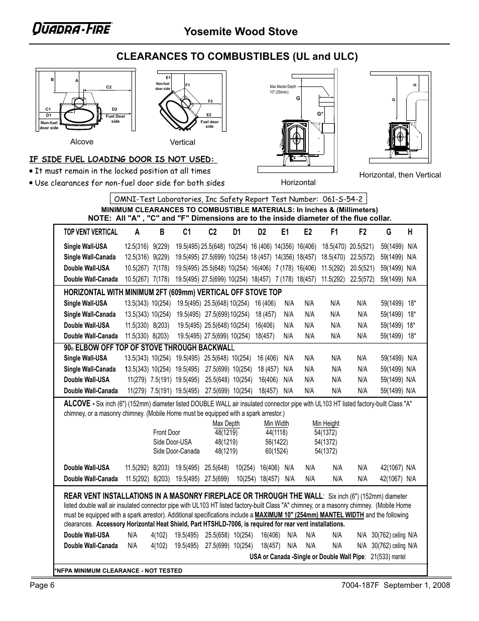 Yosemite wood stove, Clearances to combustibles (ul and ulc) | Hearth and Home Technologies Yosemite PMH User Manual | Page 6 / 32