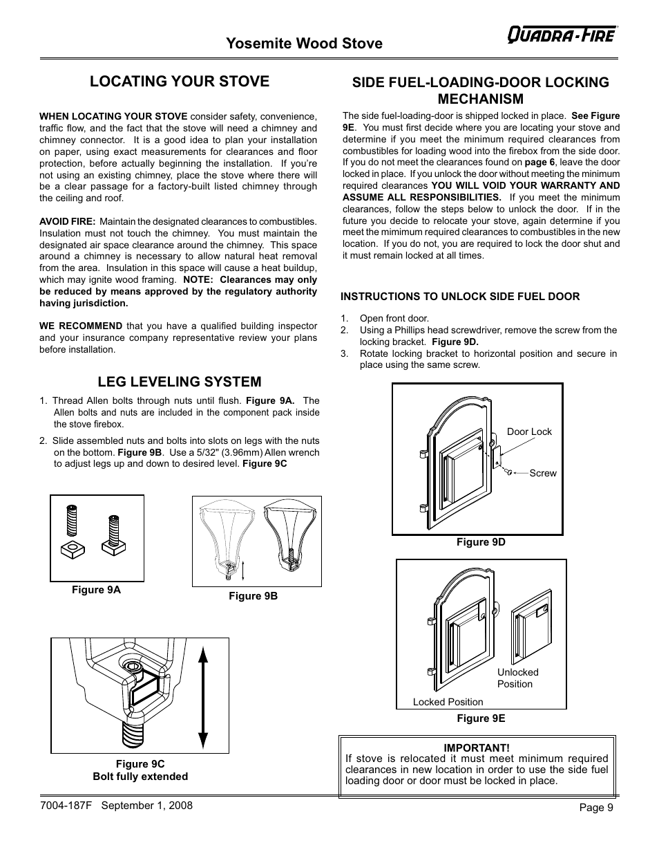Yosemite wood stove, Locating your stove, Side fuel-loading-door locking mechanism | Leg leveling system | Hearth and Home Technologies Yosemite PMH User Manual | Page 9 / 32