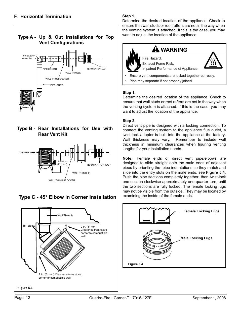 Warning, Type c - 45° elbow in corner installation, F. horizontal termination | Hearth and Home Technologies GARNET-MBK User Manual | Page 12 / 56