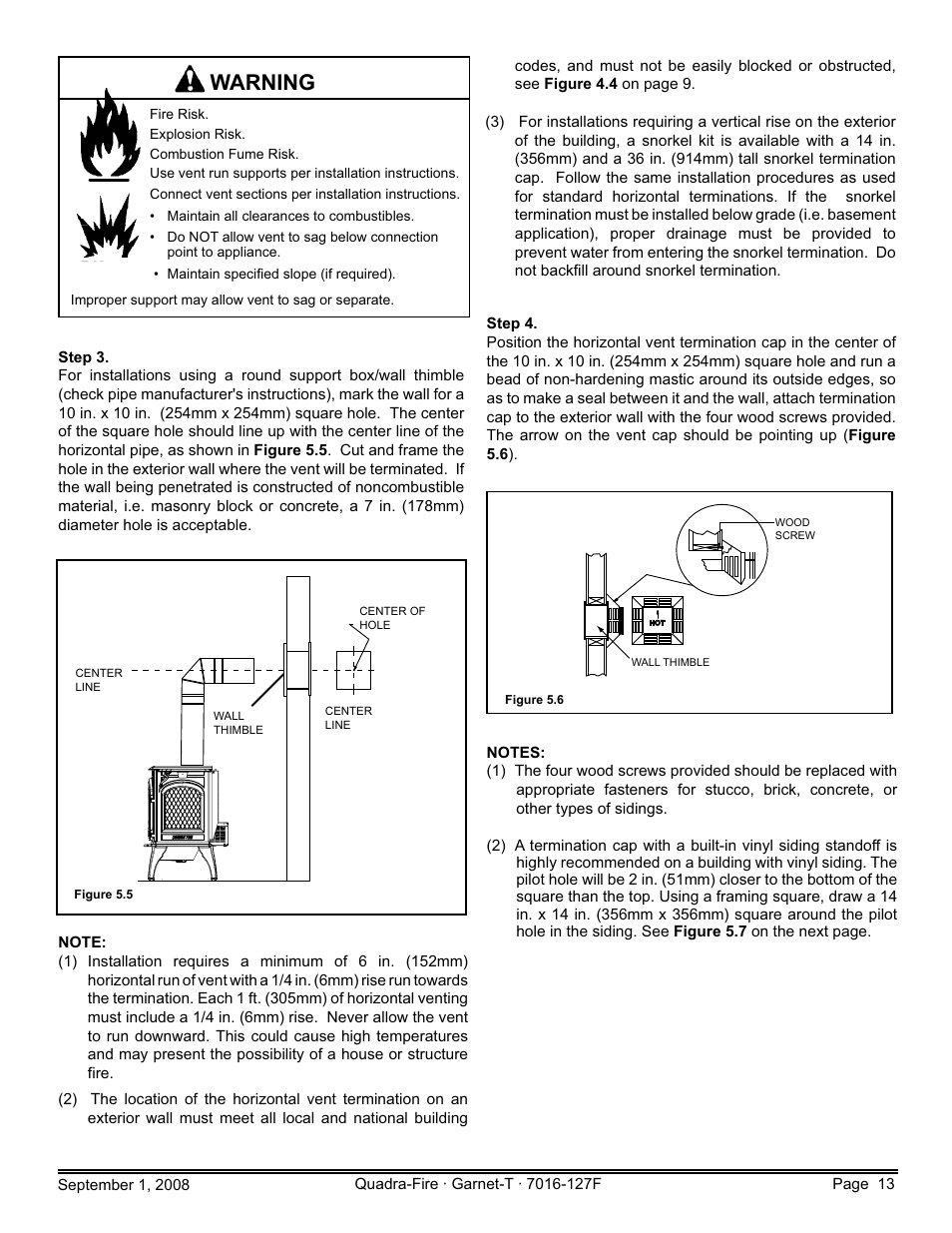 Warning | Hearth and Home Technologies GARNET-MBK User Manual | Page 13 / 56