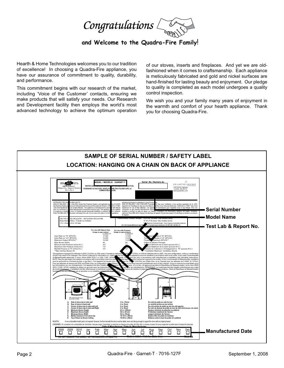 Sample, And welcome to the quadra-fire family, Serial number model name test lab & report no | Manufactured date | Hearth and Home Technologies GARNET-MBK User Manual | Page 2 / 56