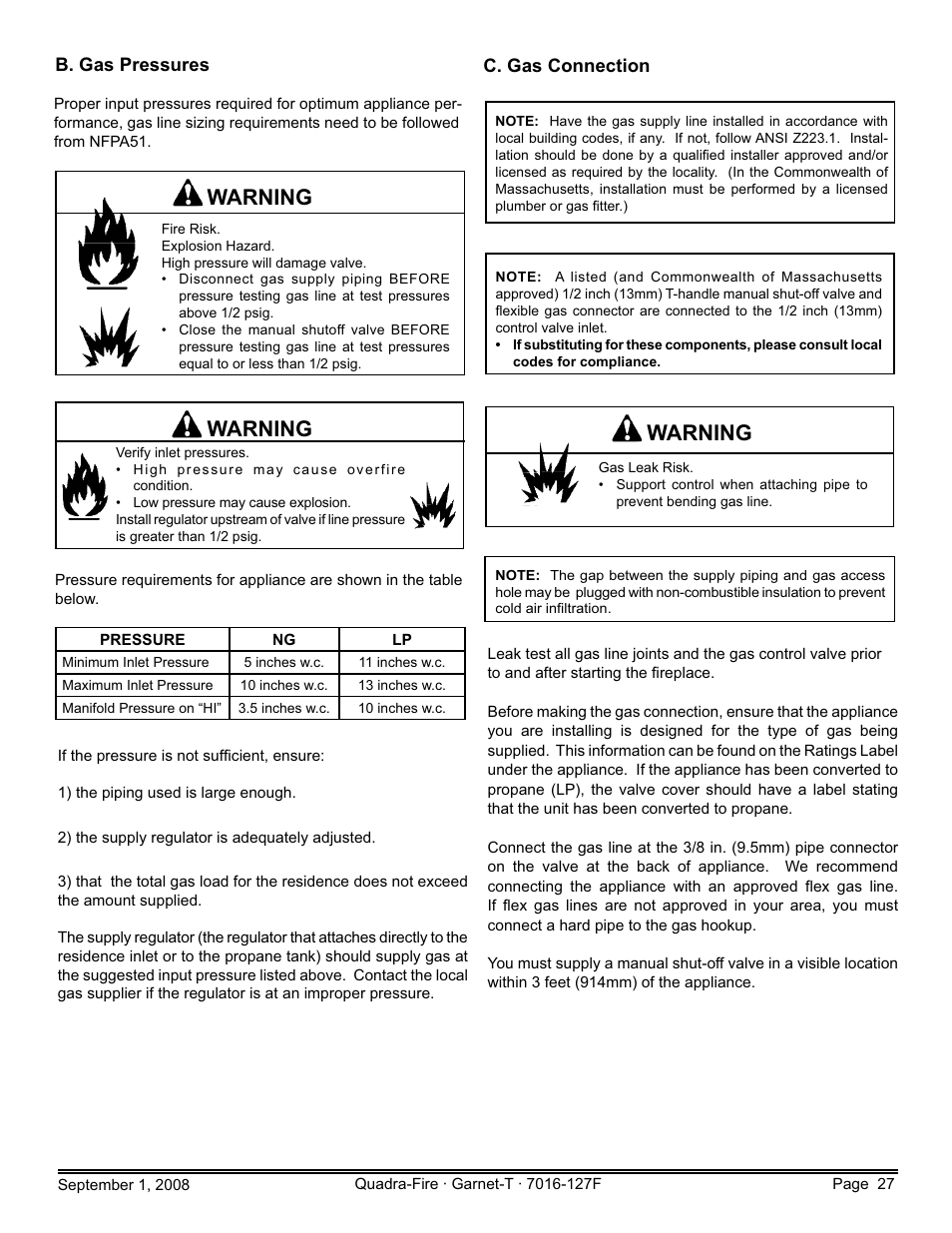 Warning | Hearth and Home Technologies GARNET-MBK User Manual | Page 27 / 56