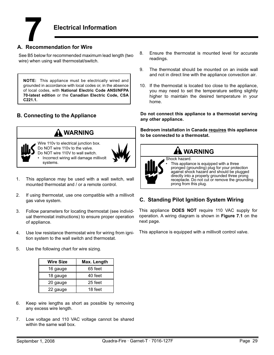Electrical information, Warning | Hearth and Home Technologies GARNET-MBK User Manual | Page 29 / 56