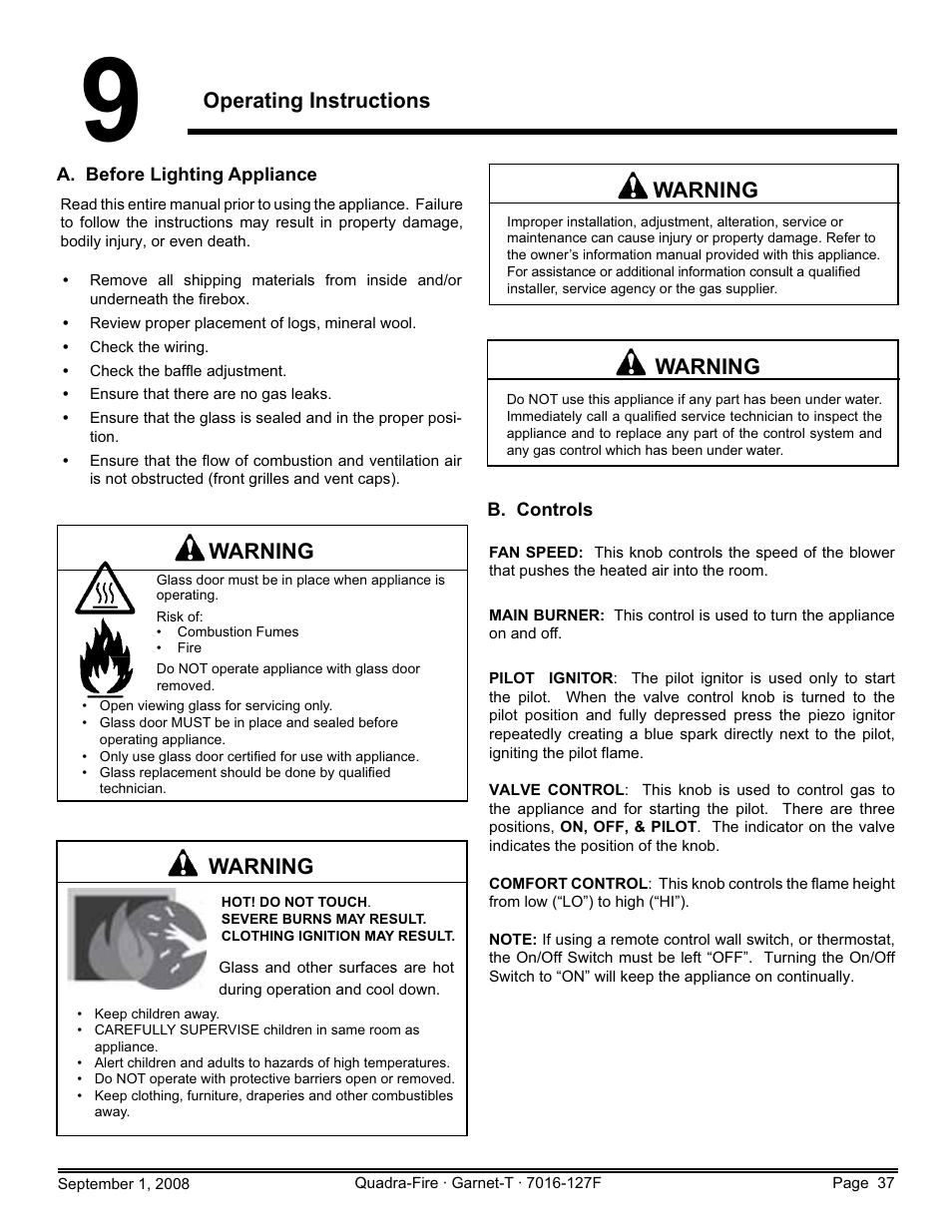 Operating instructions, Warning | Hearth and Home Technologies GARNET-MBK User Manual | Page 37 / 56