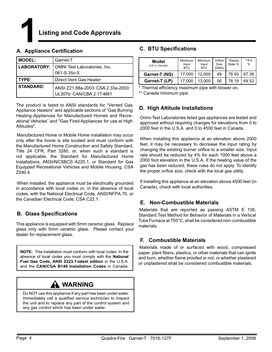 Listing and code approvals, Warning | Hearth and Home Technologies GARNET-MBK User Manual | Page 4 / 56