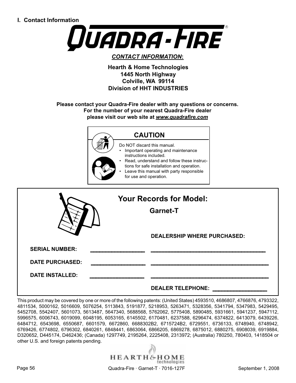 Your records for model, Garnet-t, Caution | Hearth and Home Technologies GARNET-MBK User Manual | Page 56 / 56