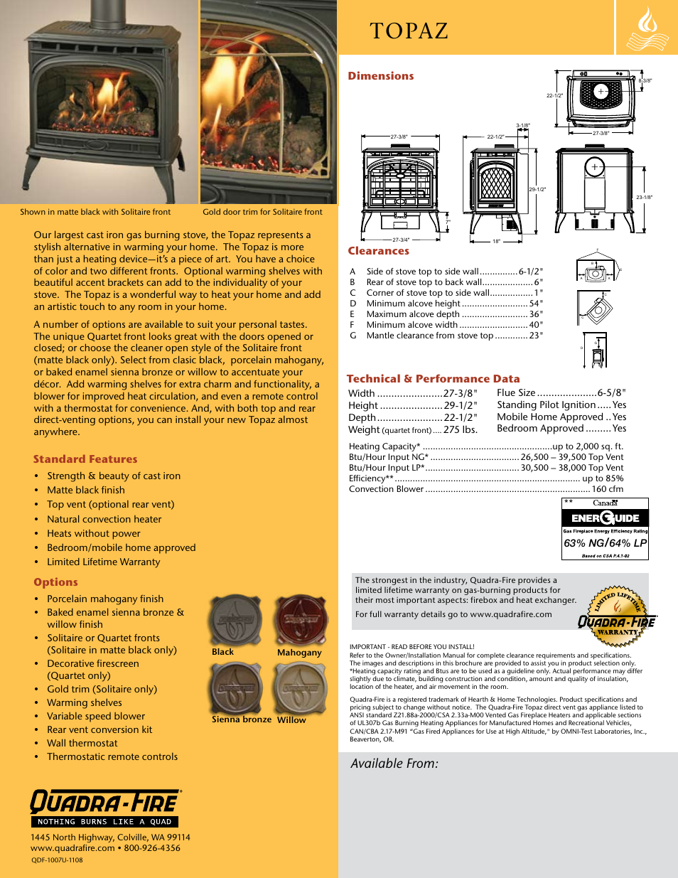 Topaz, Available from | Hearth and Home Technologies Topaz Cast Iron User Manual | Page 2 / 2