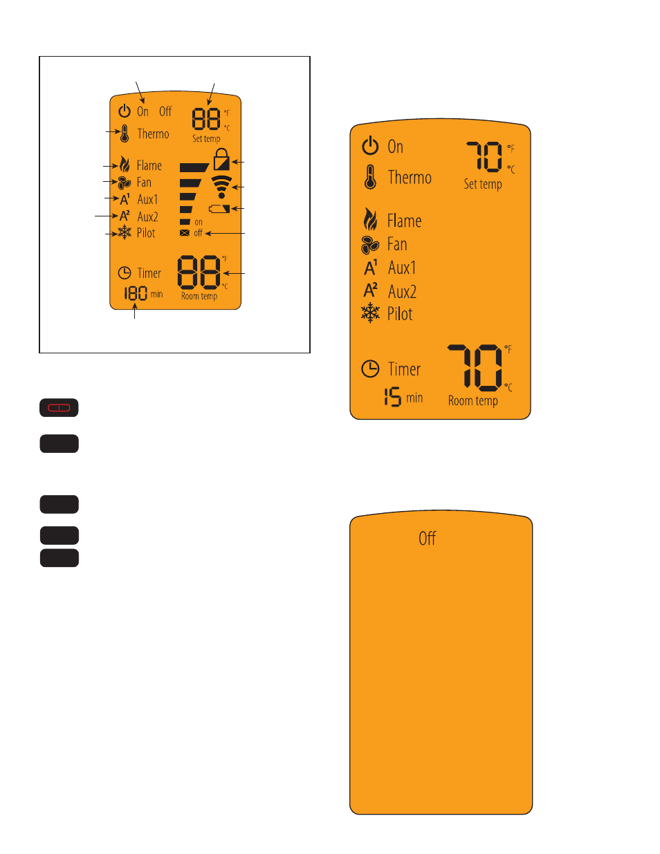 Function buttons, Idle when remote is in on mode, Standby mode | Display screen | Hearth and Home Technologies IntelliFire Plus Multifucntion Remote RC300 User Manual | Page 5 / 8