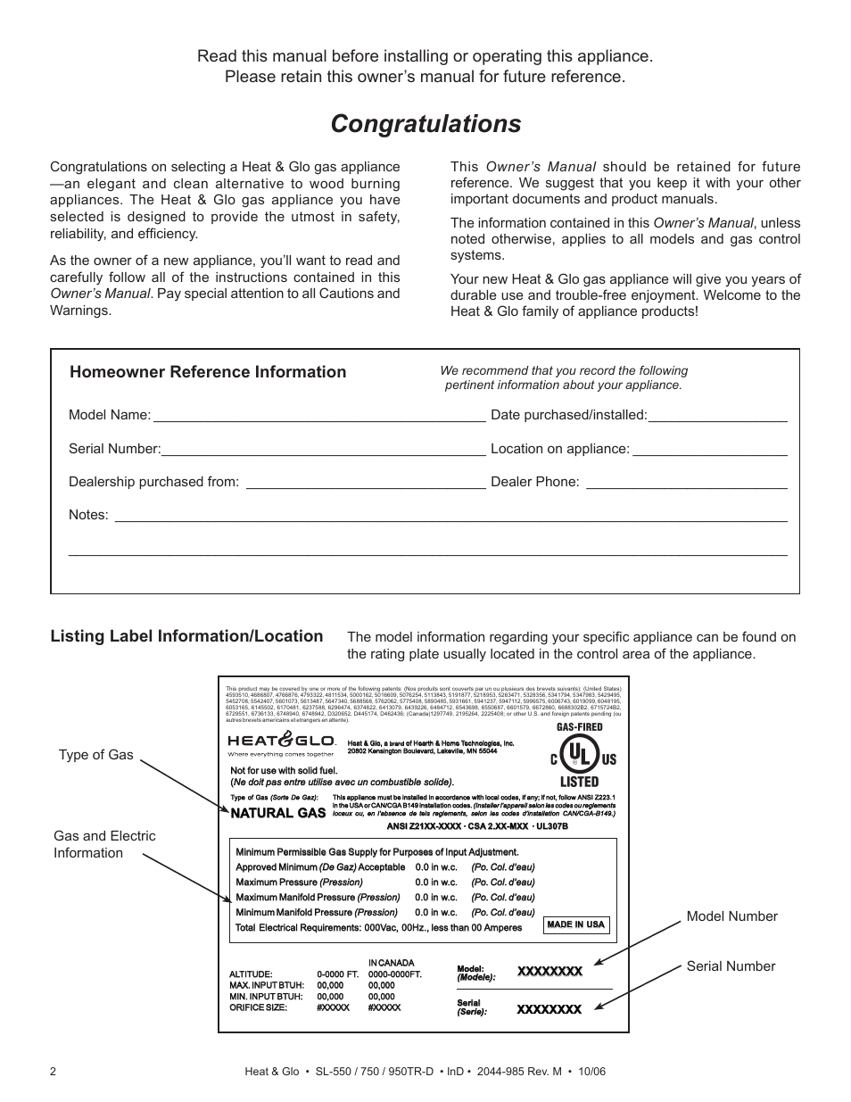 Listing label information/location, Homeowner reference information, Natural tural gas gas | Hearth and Home Technologies Heat & Glo SL-550TR-D User Manual | Page 2 / 74