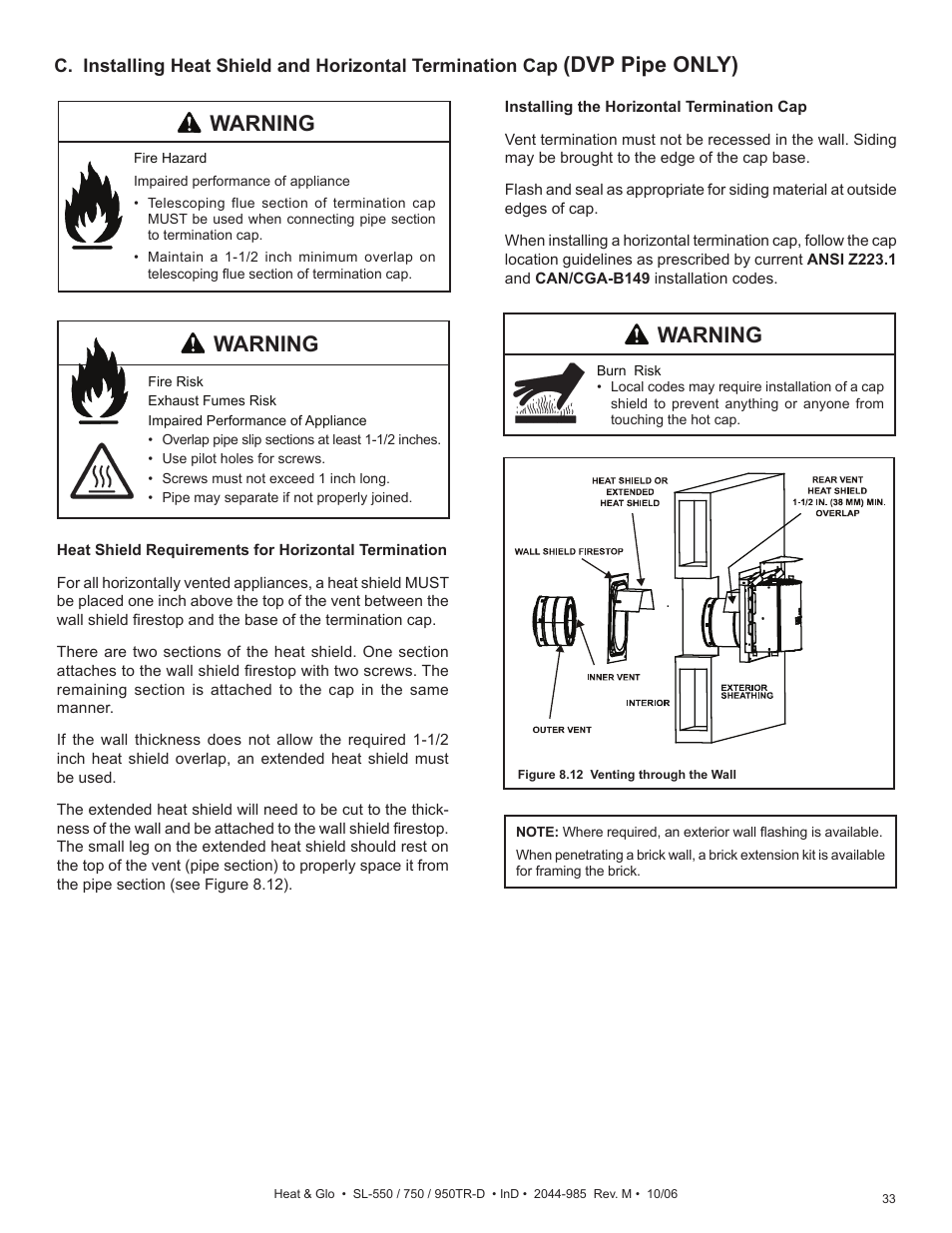 Dvp pipe only), Warning | Hearth and Home Technologies Heat & Glo SL-550TR-D User Manual | Page 33 / 74