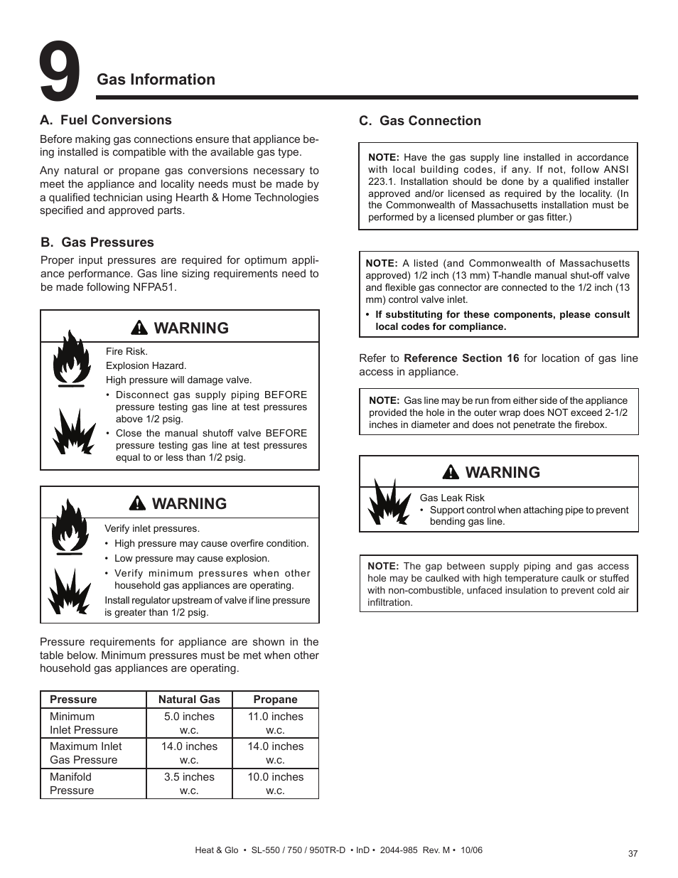 Gas information, Warning | Hearth and Home Technologies Heat & Glo SL-550TR-D User Manual | Page 37 / 74