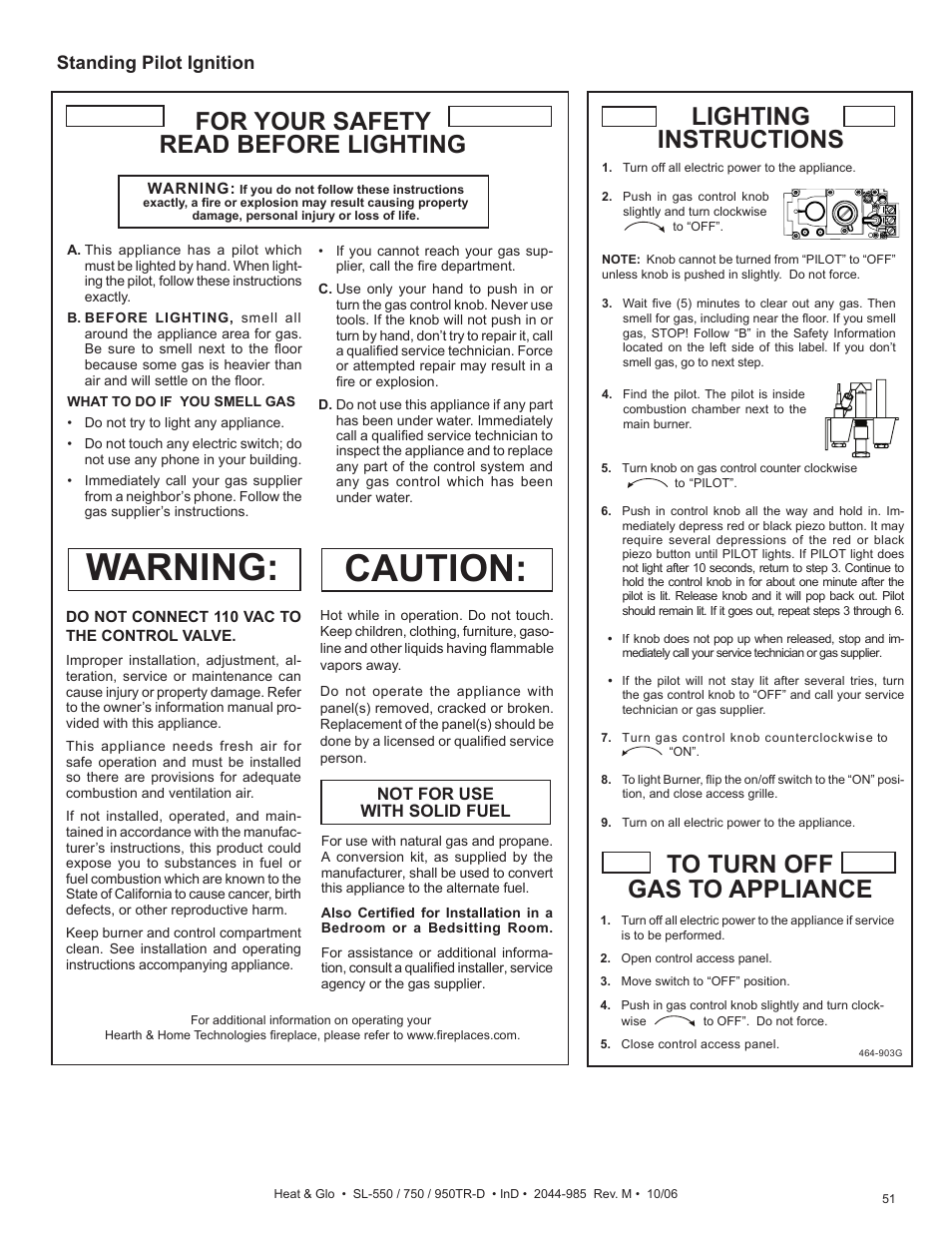 Caution, Warning, Standing pilot ignition | Hearth and Home Technologies Heat & Glo SL-550TR-D User Manual | Page 51 / 74