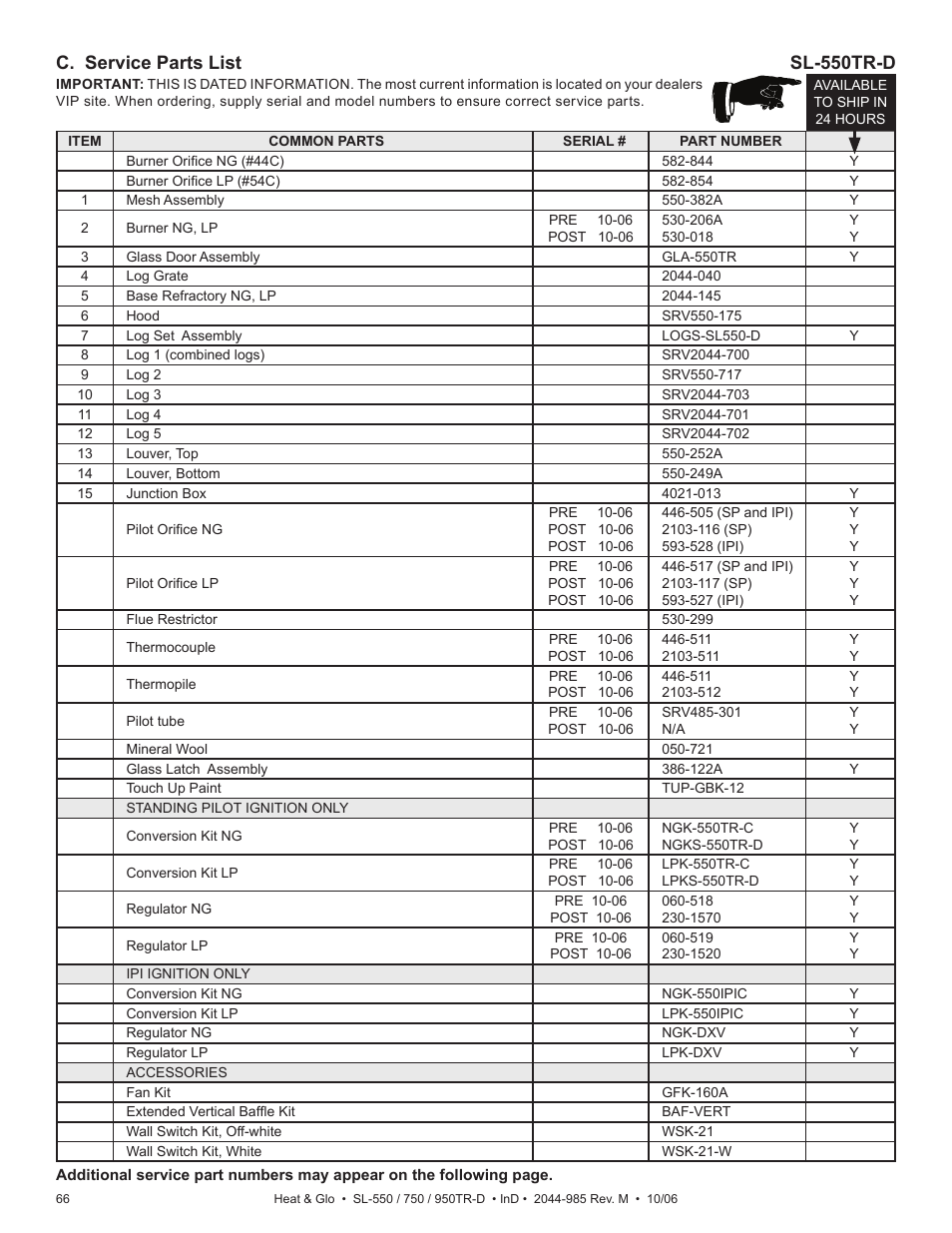 C. service parts list, Sl-550tr-d | Hearth and Home Technologies Heat & Glo SL-550TR-D User Manual | Page 66 / 74