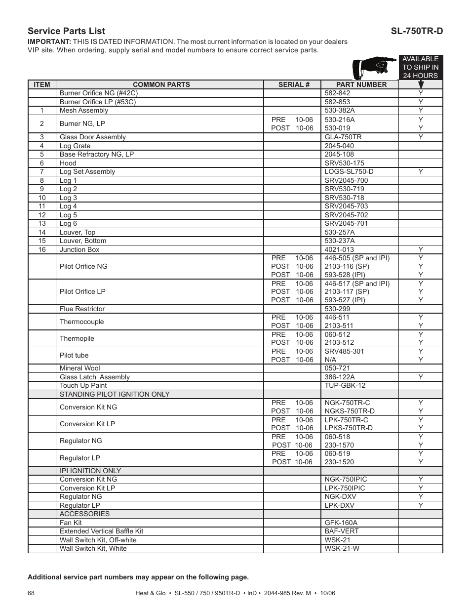 Service parts list, Sl-750tr-d | Hearth and Home Technologies Heat & Glo SL-550TR-D User Manual | Page 68 / 74