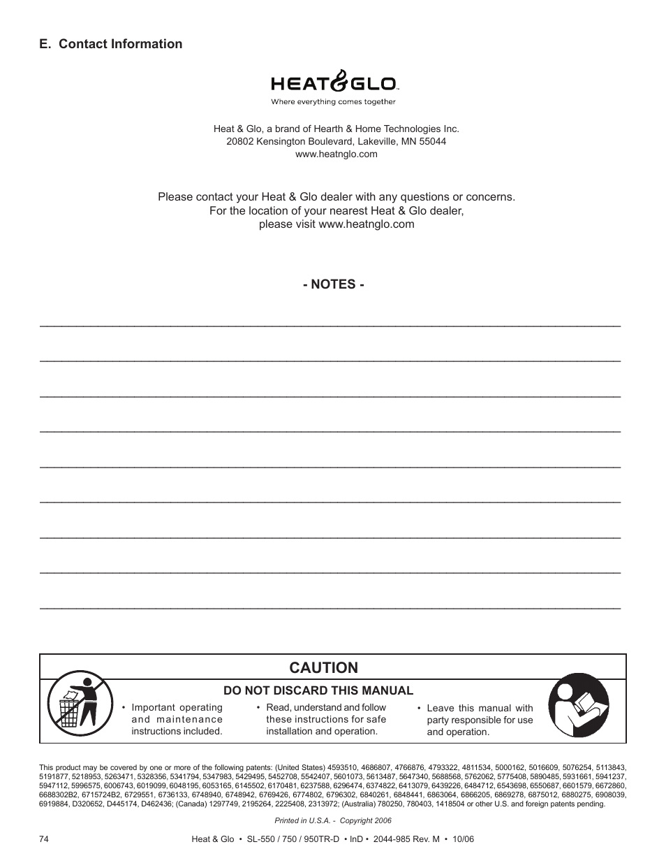 Caution | Hearth and Home Technologies Heat & Glo SL-550TR-D User Manual | Page 74 / 74