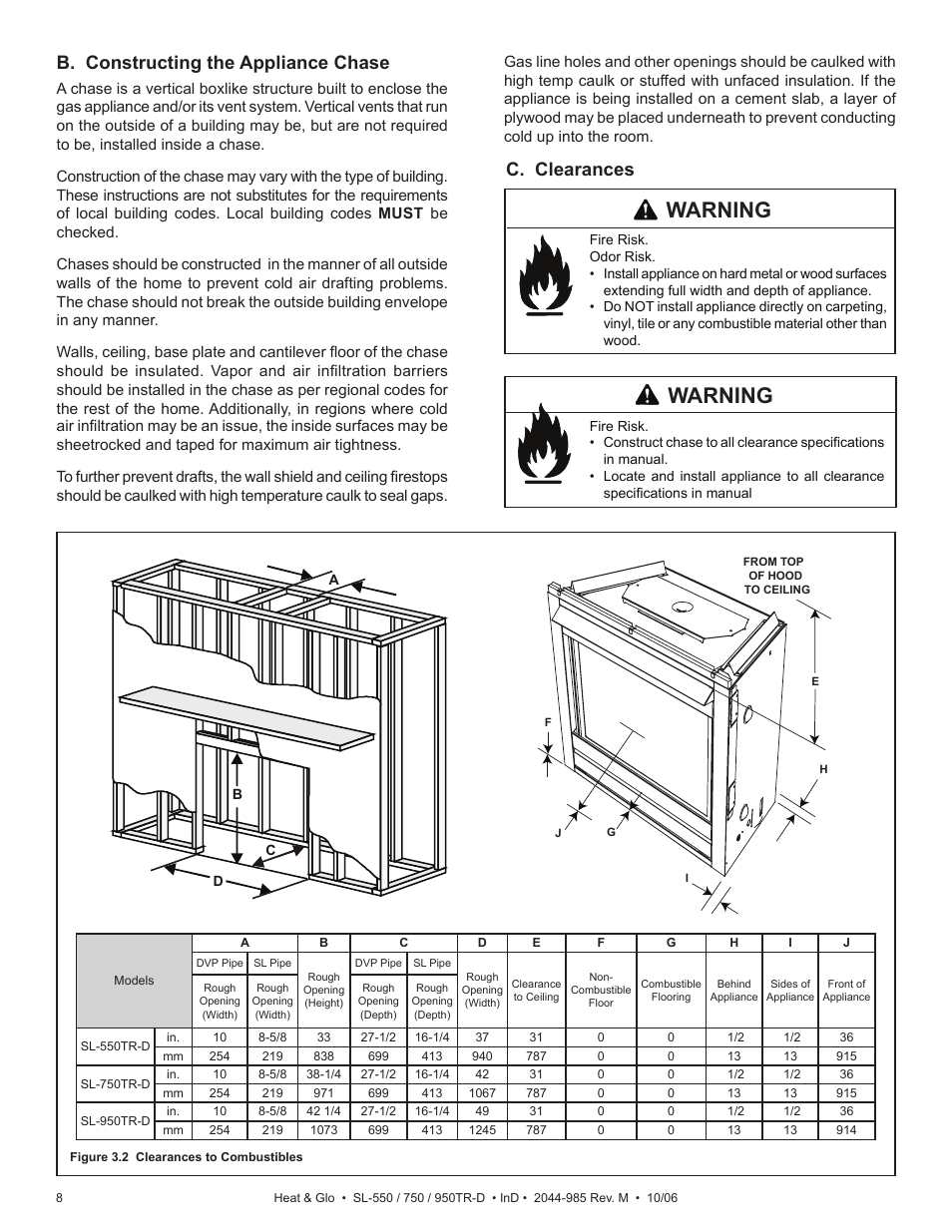 Warning, B. constructing the appliance chase, C. clearances | Hearth and Home Technologies Heat & Glo SL-550TR-D User Manual | Page 8 / 74