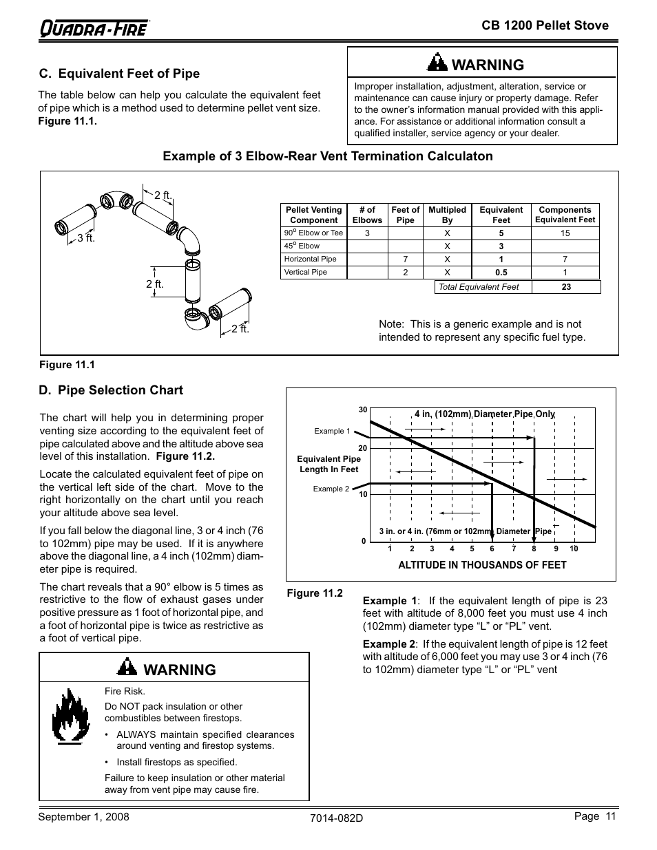 Warning, Cb 1200 pellet stove, D. pipe selection chart | C. equivalent feet of pipe | Hearth and Home Technologies CB1200-B User Manual | Page 11 / 48