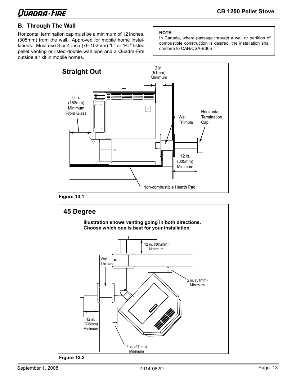 Straight out, 45 degree, Cb 1200 pellet stove | B. through the wall | Hearth and Home Technologies CB1200-B User Manual | Page 13 / 48