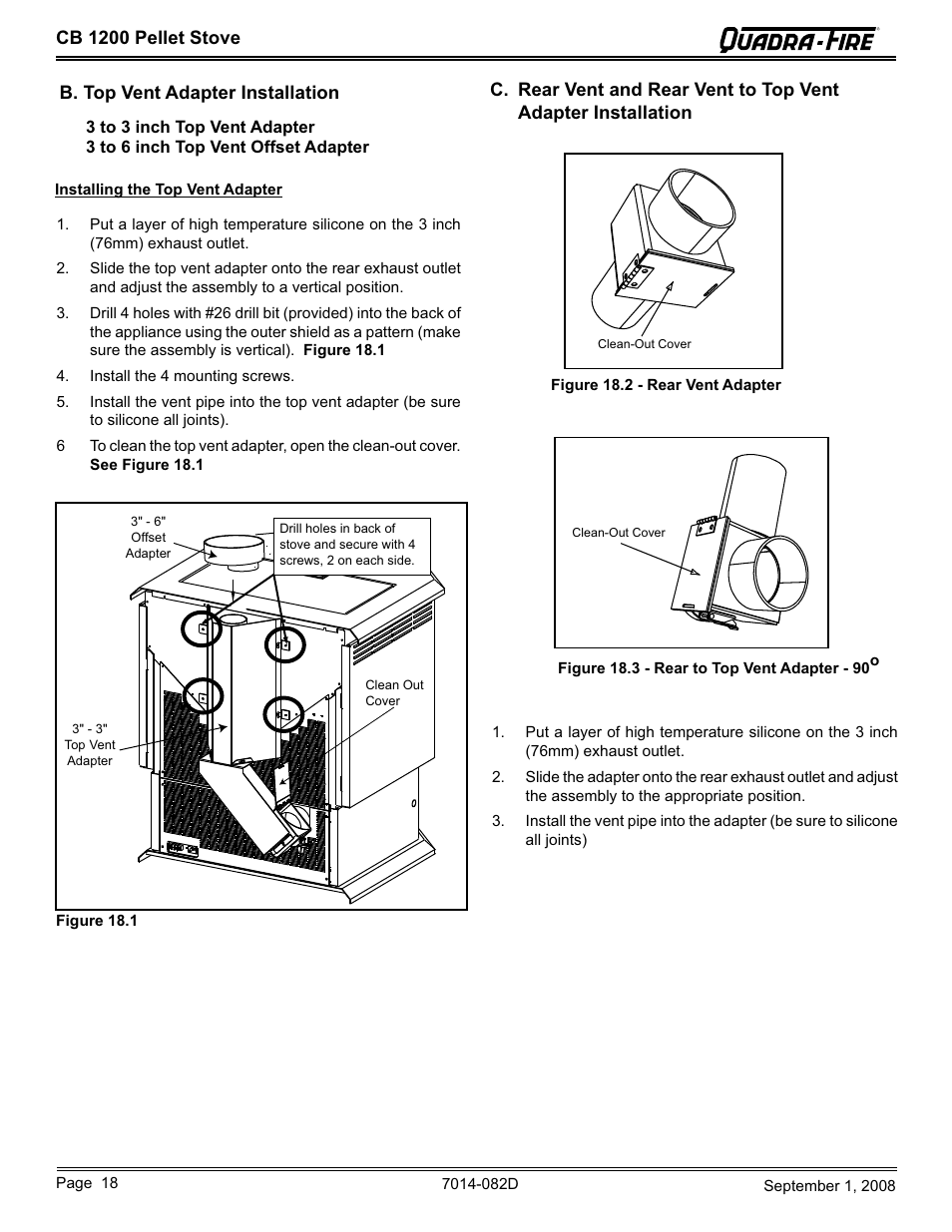 Cb 1200 pellet stove, B. top vent adapter installation | Hearth and Home Technologies CB1200-B User Manual | Page 18 / 48