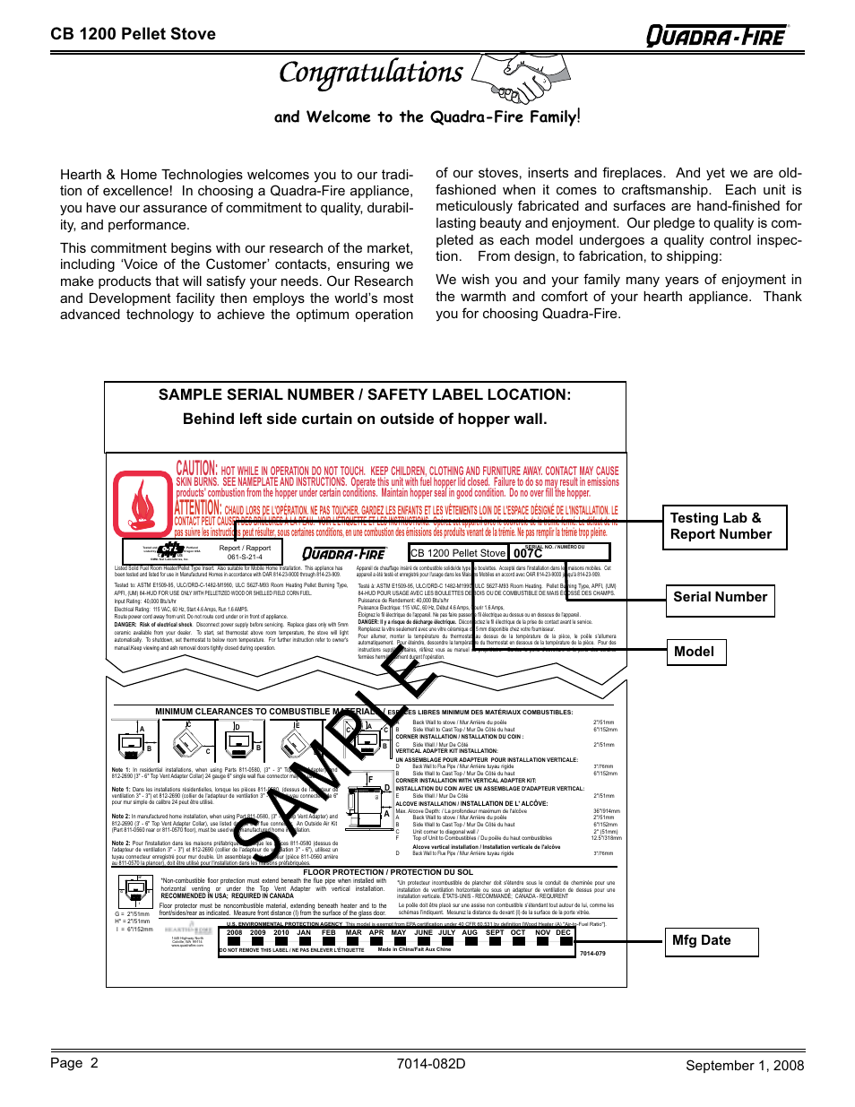 Sample, Caution, Attention | Cb 1200 pellet stove, And welcome to the quadra-fire family | Hearth and Home Technologies CB1200-B User Manual | Page 2 / 48