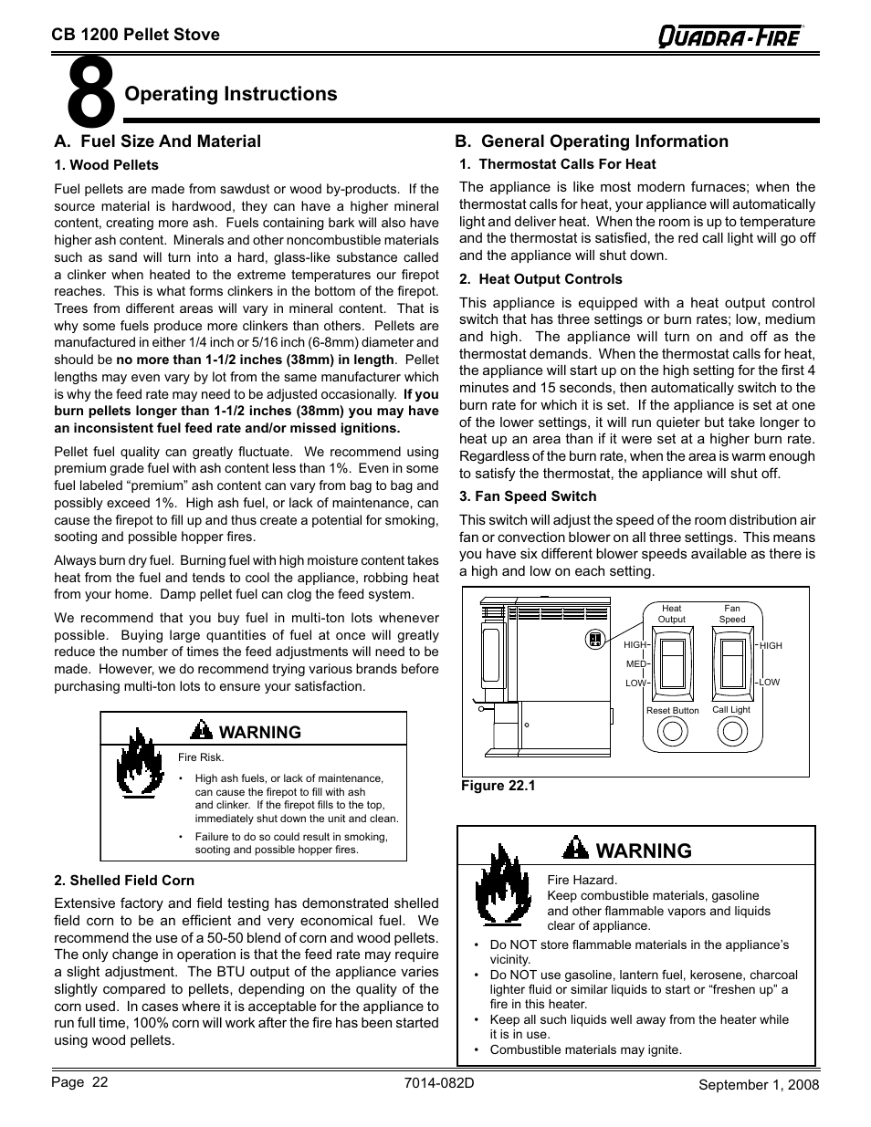 Operating instructions, Warning | Hearth and Home Technologies CB1200-B User Manual | Page 22 / 48