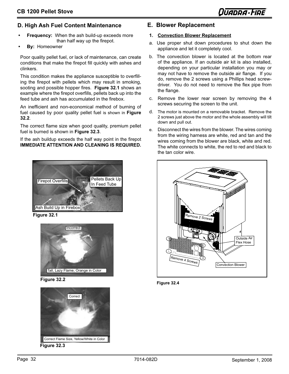 E. blower replacement, Cb 1200 pellet stove, D. high ash fuel content maintenance | Hearth and Home Technologies CB1200-B User Manual | Page 32 / 48