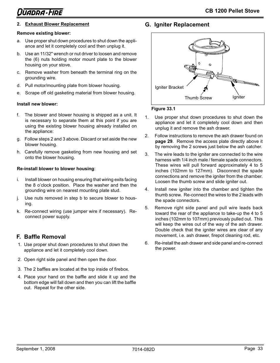 G. igniter replacement f. bafﬂe removal | Hearth and Home Technologies CB1200-B User Manual | Page 33 / 48