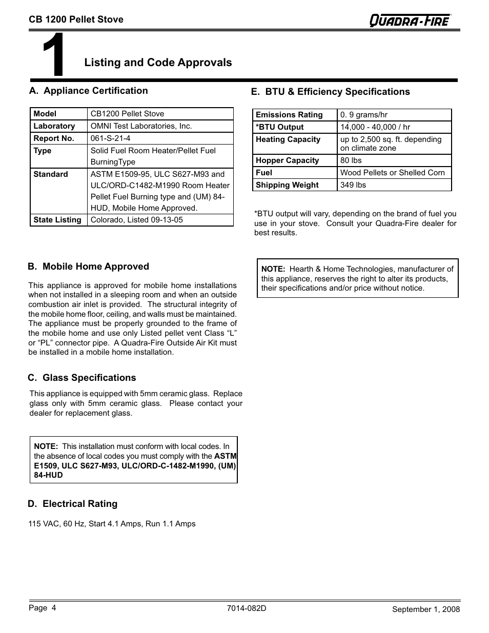 Listing and code approvals | Hearth and Home Technologies CB1200-B User Manual | Page 4 / 48