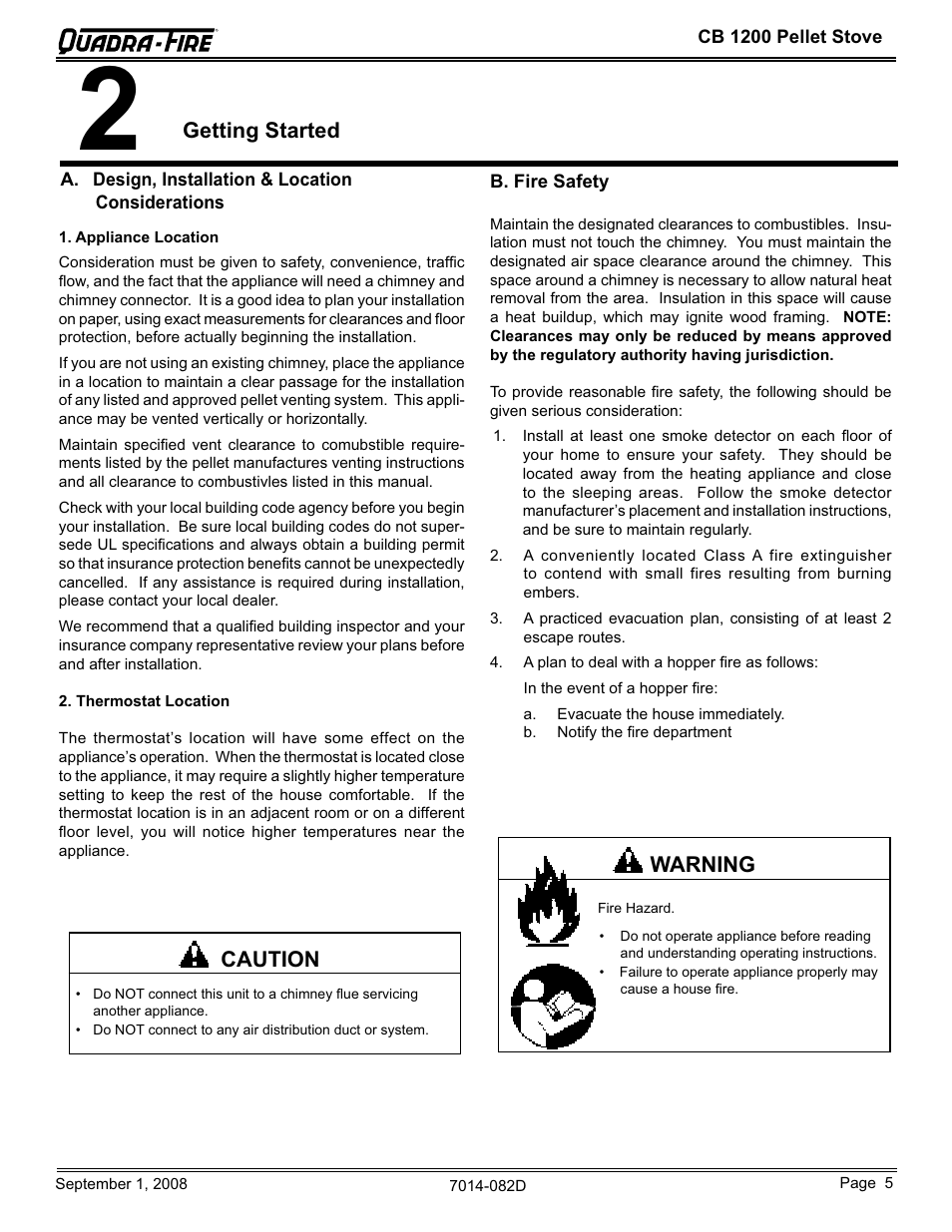 Getting started, Caution, Warning | Hearth and Home Technologies CB1200-B User Manual | Page 5 / 48