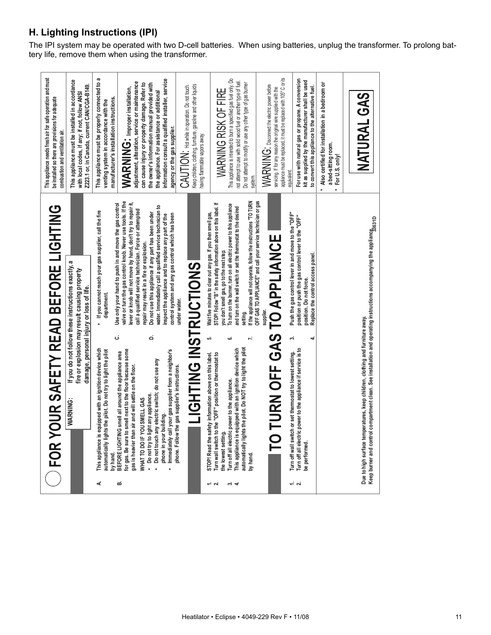 Lighting instructions, For your safety read before lighting, Na tural gas | Warning, Caution, Warning risk of fire, H. lighting instructions (ipi) | Hearth and Home Technologies Direct Vent Gas Appliance EDV3633L User Manual | Page 11 / 60