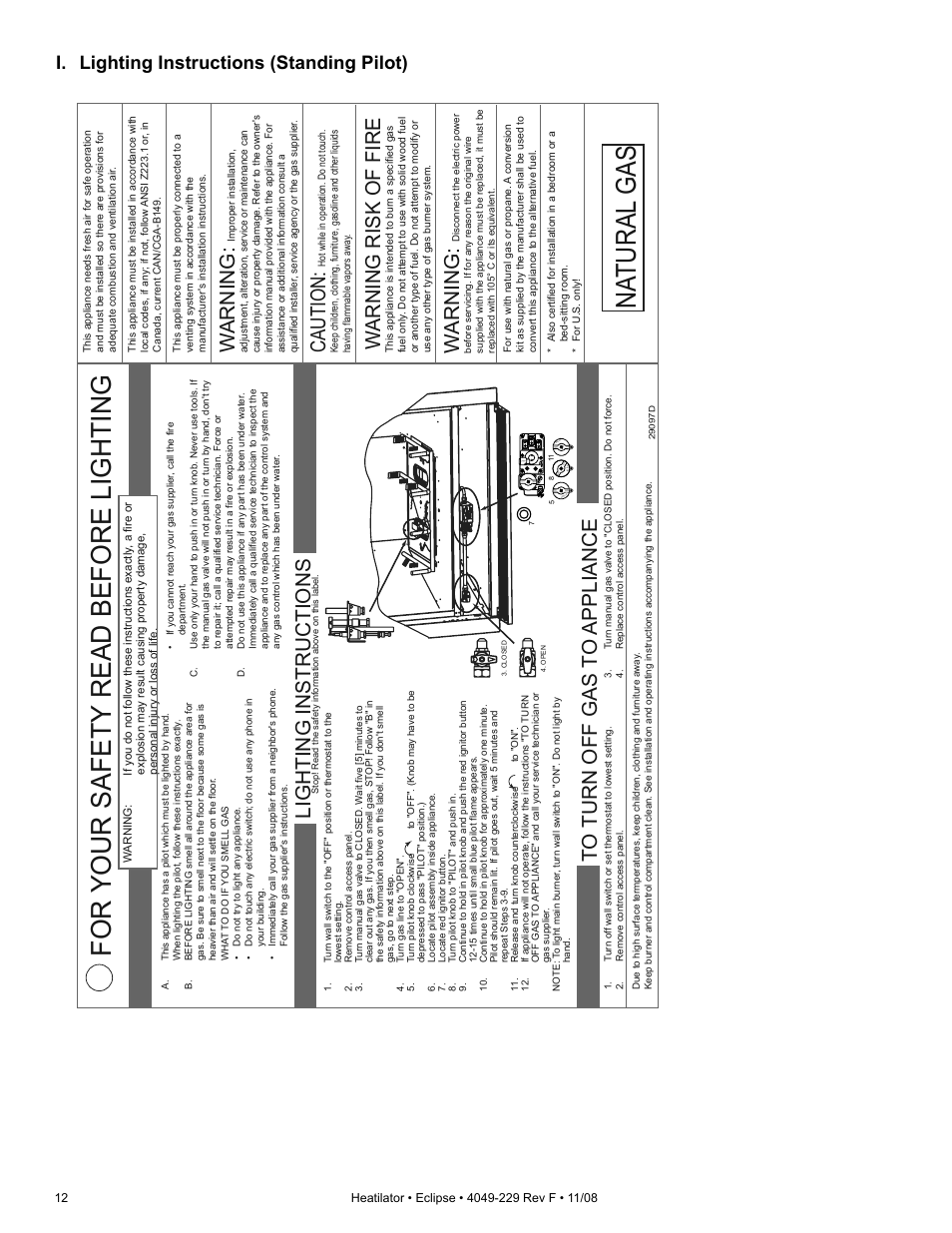 For your safety read before lighting, Na tural gas, Lighting instructions | Wa rning, Caution, Wa rning risk of fire, I. lighting instructions (standing pilot), On off vent | Hearth and Home Technologies Direct Vent Gas Appliance EDV3633L User Manual | Page 12 / 60