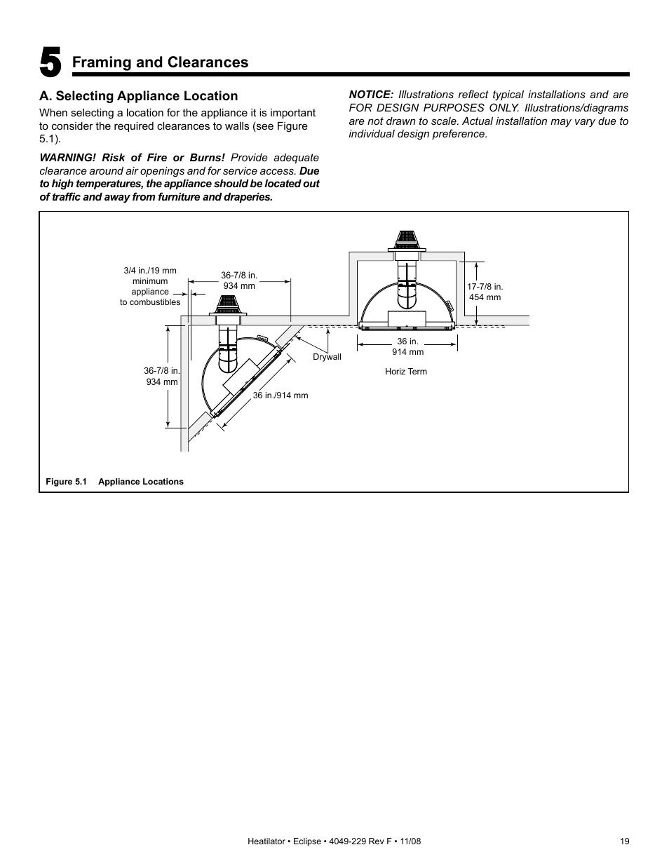 Framing and clearances | Hearth and Home Technologies Direct Vent Gas Appliance EDV3633L User Manual | Page 19 / 60