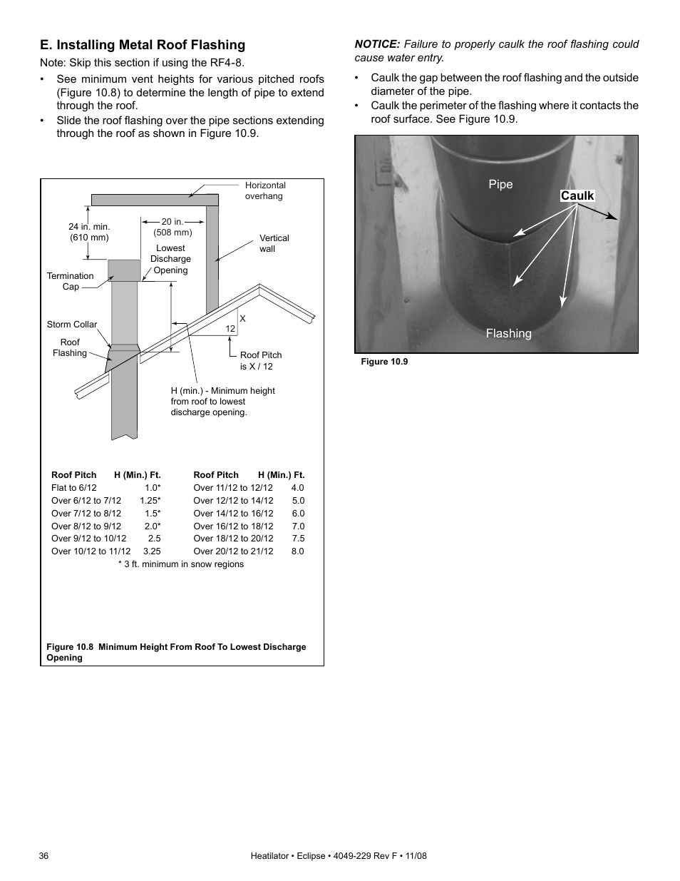 E. installing metal roof flashing, Caulk pipe flashing | Hearth and Home Technologies Direct Vent Gas Appliance EDV3633L User Manual | Page 36 / 60